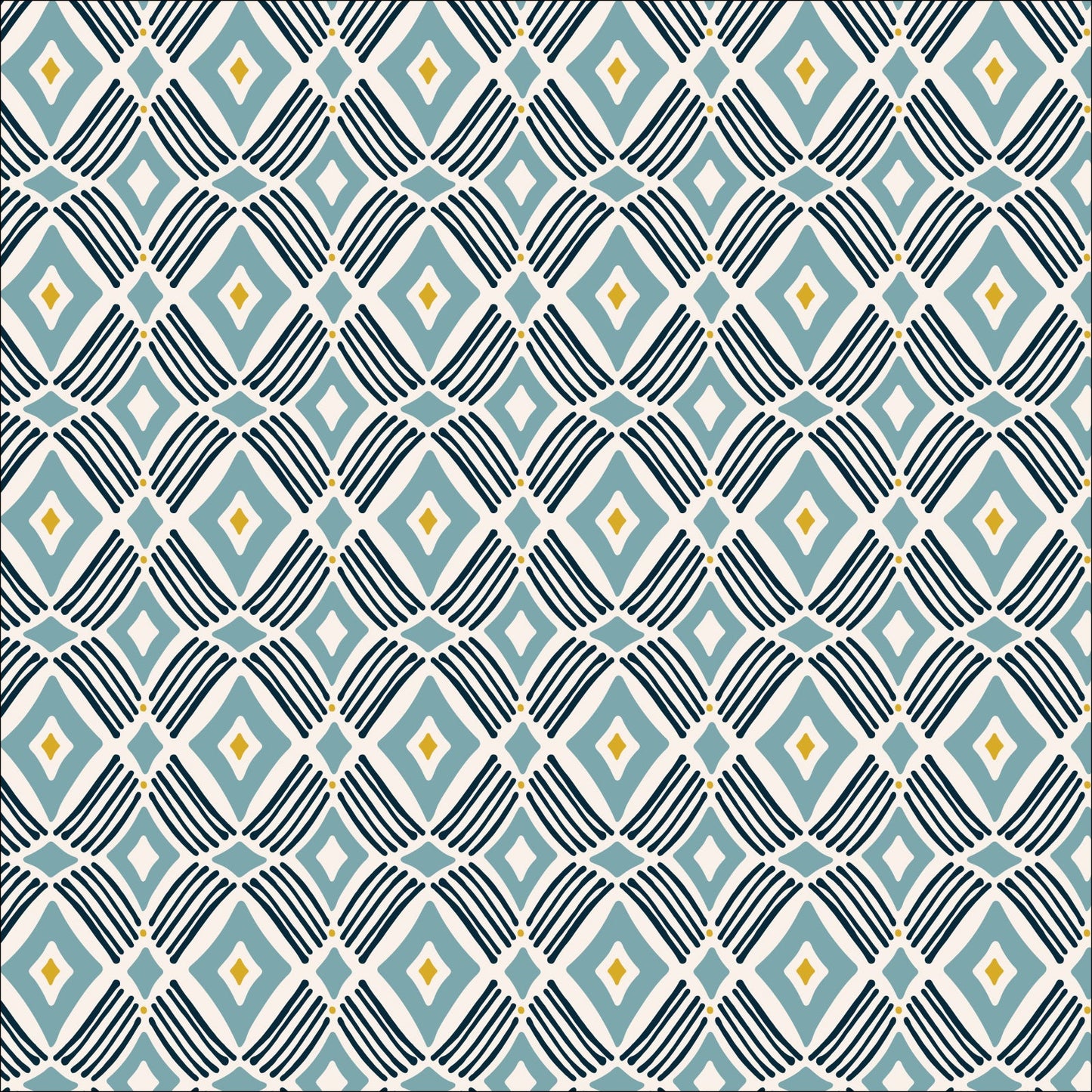 Tarak from the Flower Garden Fabric Collection by Hang Tight Studio for Cloud 9 Fabrics. Organic Quilting Cotton. Blue geometric diamond pattern.