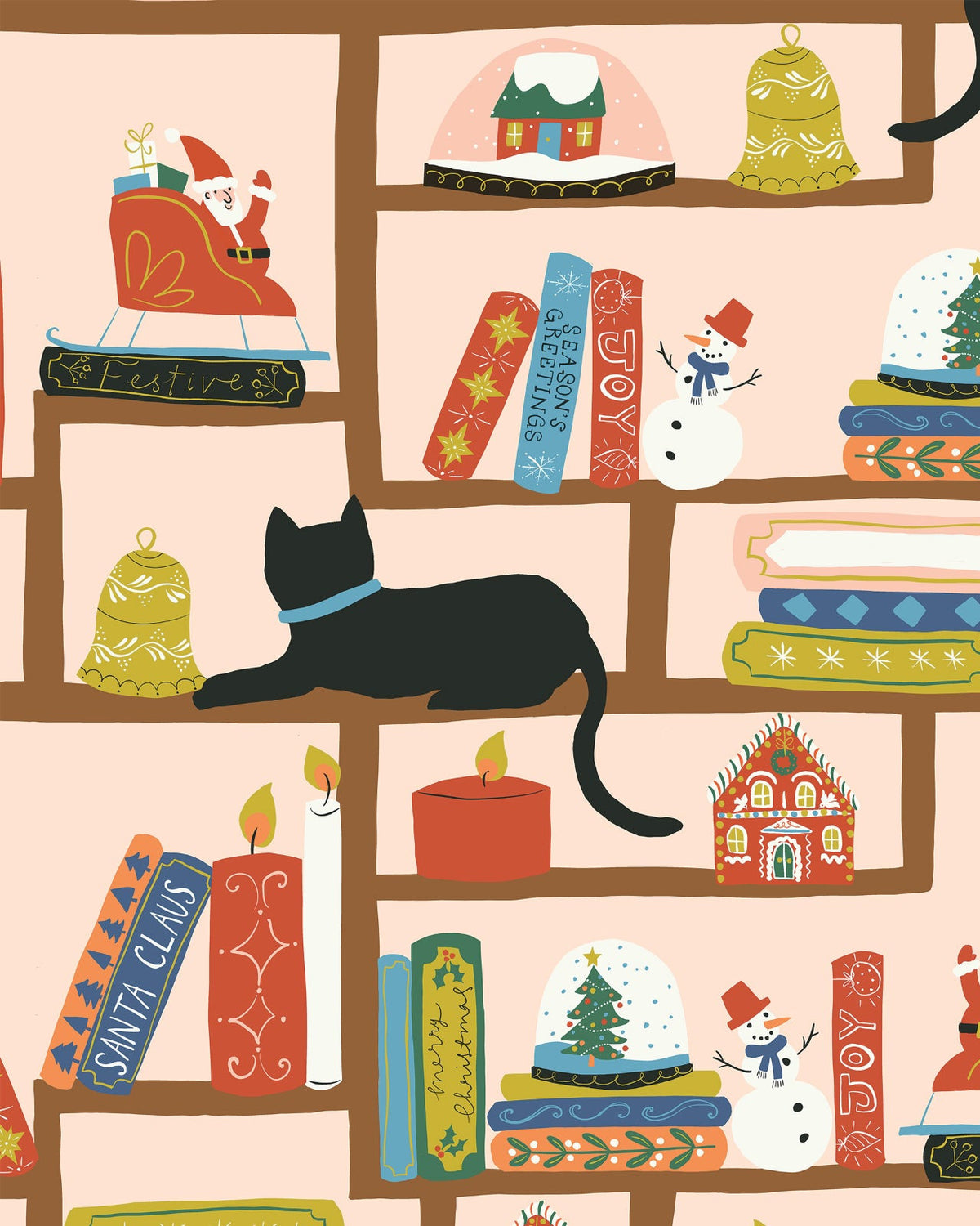 A fabric with a Christmas-themed design featuring various holiday motifs like Santa Claus, a snow globe, candles, bells, gingerbread house, a snowman, and a cat, predominantly in vintage colors.