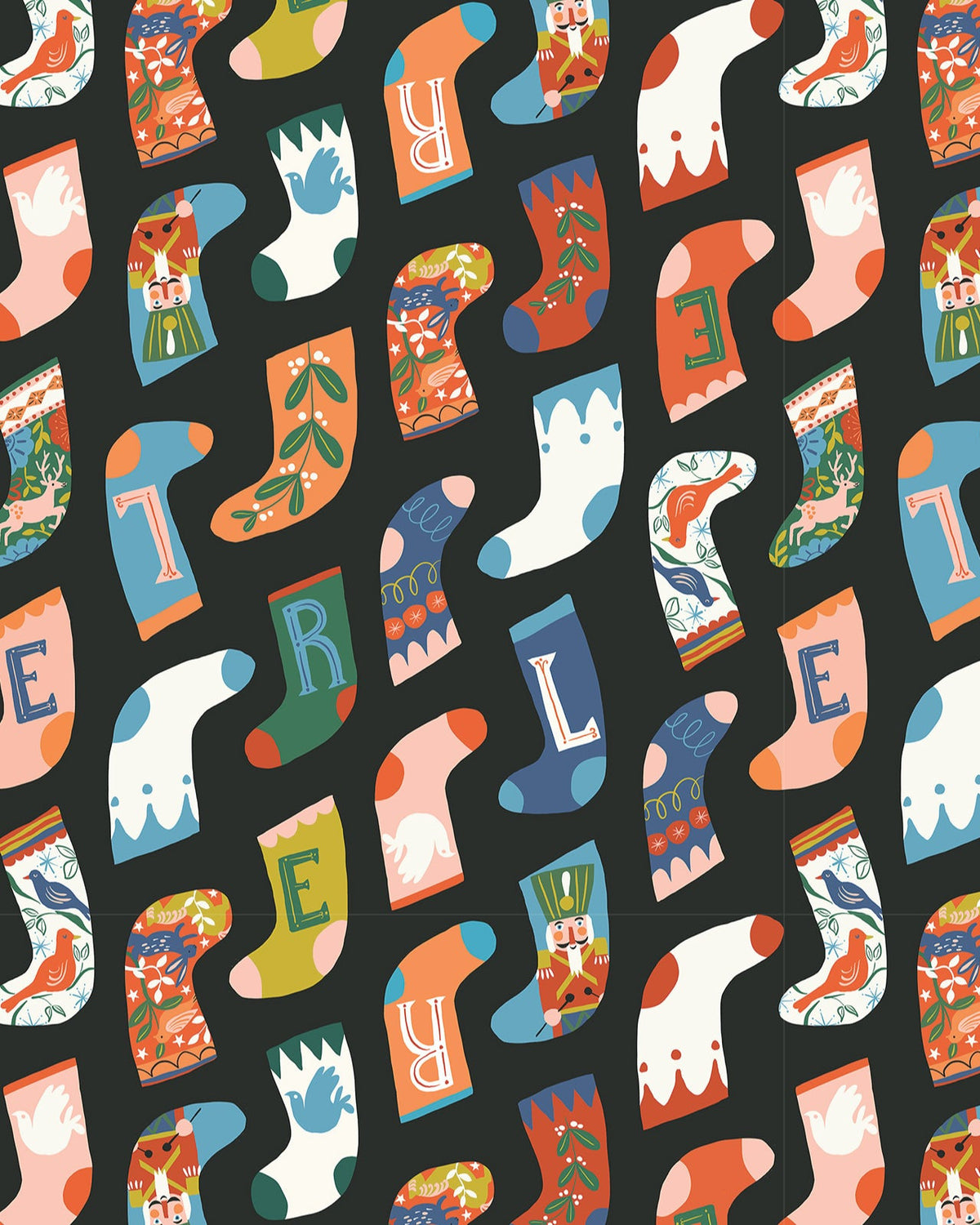 A fabric with a Christmas-themed pattern featuring vintage colors and various festive motifs such as socks, presents, nutcrackers, and birds.