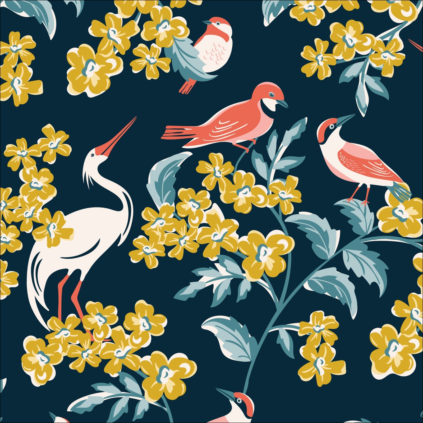 Bird Watching from the Flower Garden Fabric Collection by Hang Tight Studio for Cloud 9 Fabrics. Organic Quilting Cotton. Birds in pink and white, golden yellow flowers, and teal branches on a navy blue background.