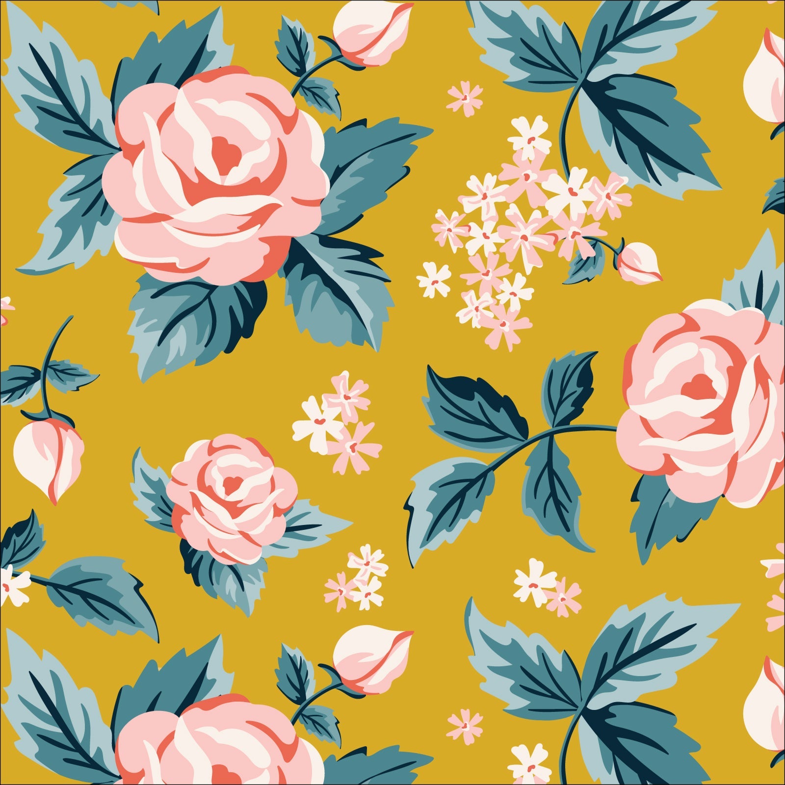 Romantic Roses from the Flower Garden Fabric Collection by Hang Tight Studio for Cloud 9 Fabrics. Organic Quilting Cotton. Pink roses on a golden yellow background with teal green leaves.