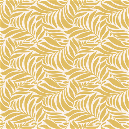 Flowing Leaves from the Flower Garden Fabric Collection by Hang Tight Studio for Cloud 9 Fabrics. Organic Quilting Cotton. Golden yellow leaves scattered on a white background.