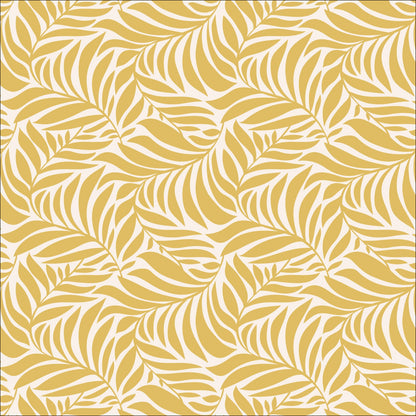 Flowing Leaves from the Flower Garden Fabric Collection by Hang Tight Studio for Cloud 9 Fabrics. Organic Quilting Cotton. Golden yellow leaves scattered on a white background.