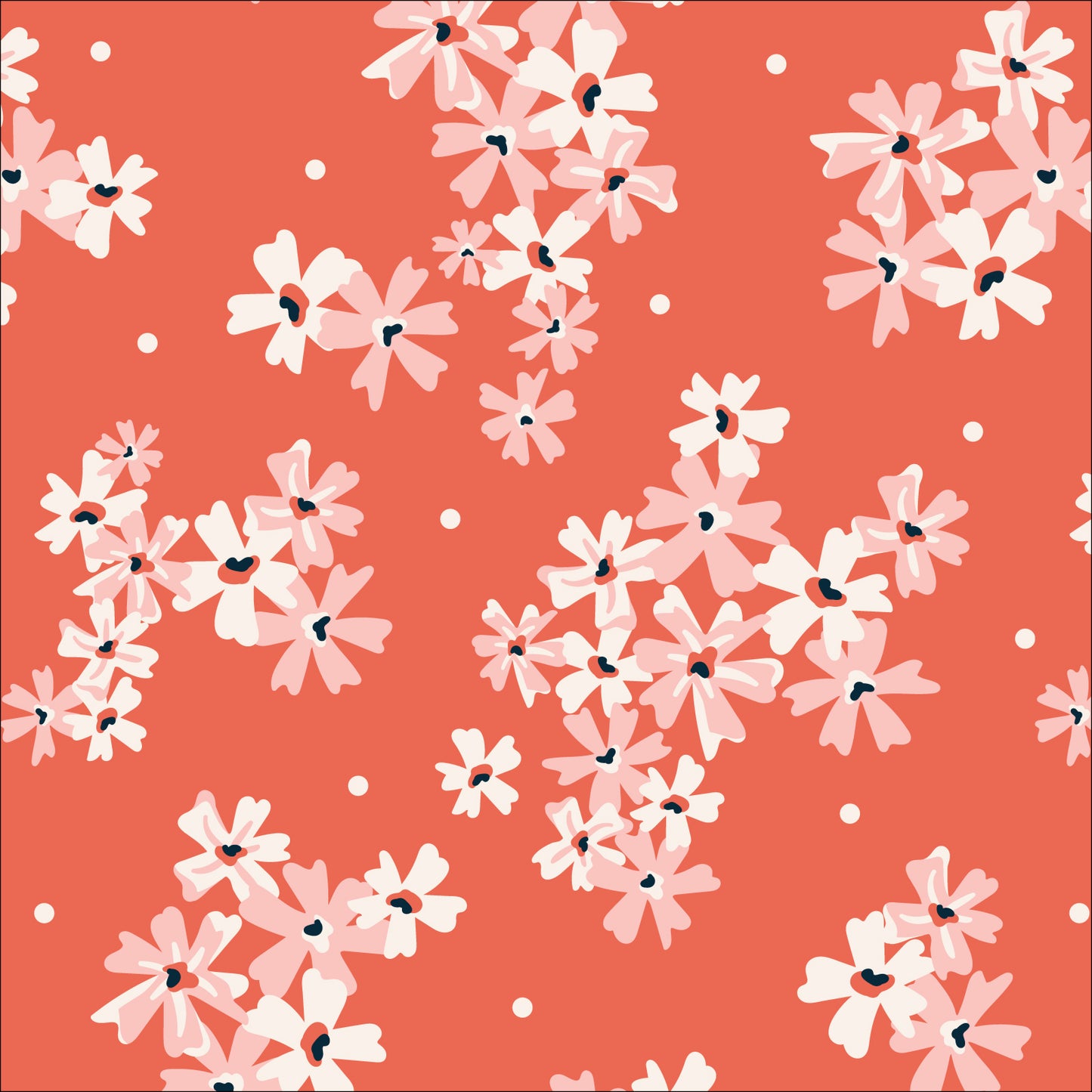 Garden Breeze from the Flower Garden Fabric Collection by Hang Tight Studio for Cloud 9 Fabrics. Organic Quilting Cotton. White flowers on a coral background.