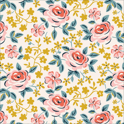 English Garden from the Flower Garden Fabric Collection by Hang Tight Studio for Cloud 9 Fabrics. Organic Quilting Cotton. Pink roses, teal leaves, golden yellow flowers on a white background.