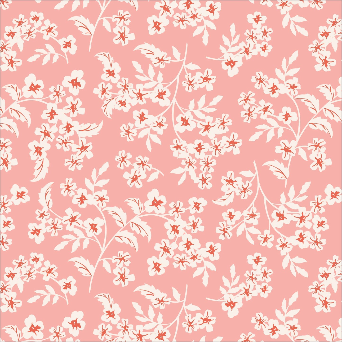 Elodie from the Flower Garden Fabric Collection by Hang Tight Studio for Cloud 9 Fabrics. Organic Quilting Cotton. White flowers on a soft pink background.