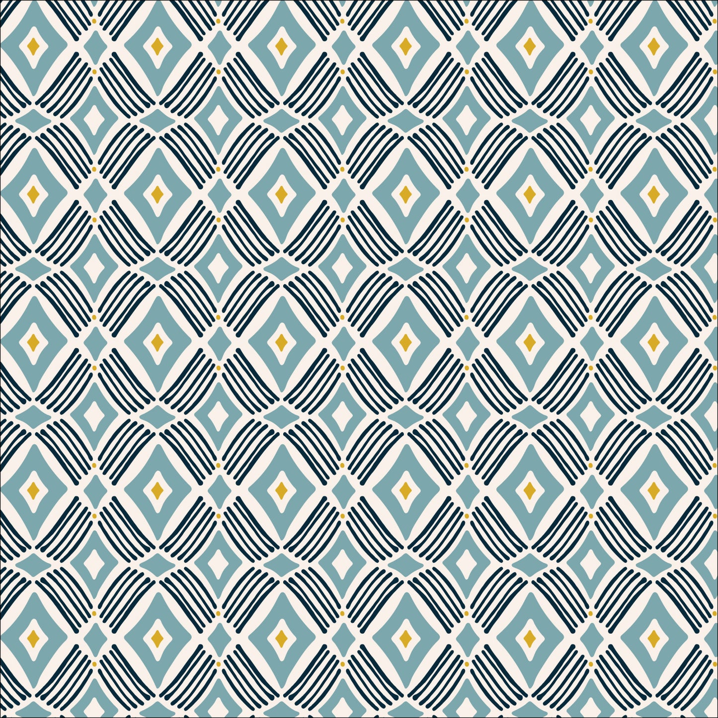 Tarak from the Flower Garden Fabric Collection by Hang Tight Studio for Cloud 9 Fabrics. Organic Quilting Cotton. Blue geometric diamond pattern.