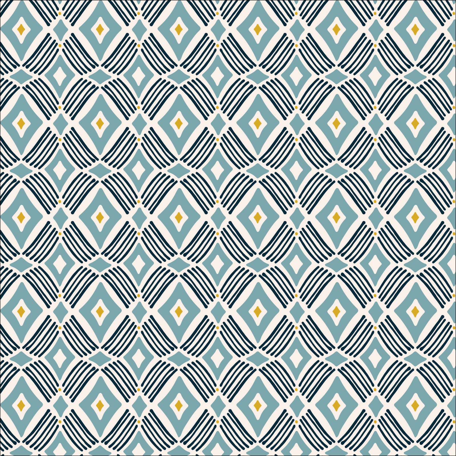 Tarak from the Flower Garden Fabric Collection by Hang Tight Studio for Cloud 9 Fabrics. Organic Quilting Cotton. Blue geometric diamond pattern.