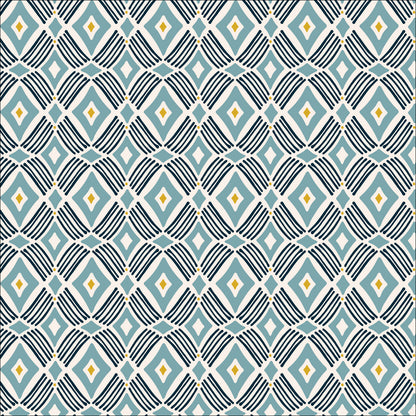 Tarak from the Flower Garden Fabric Collection by Hang Tight Studio for Cloud 9 Fabrics. Organic Quilting Cotton. Blue geometric diamond pattern.