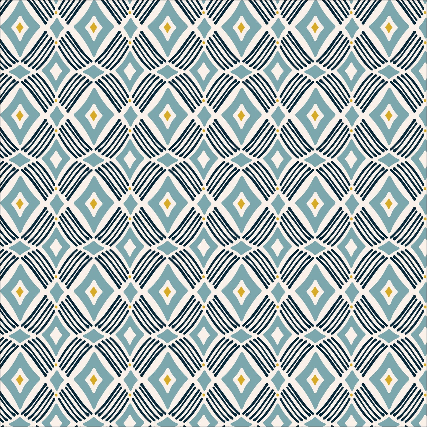 Tarak from the Flower Garden Fabric Collection by Hang Tight Studio for Cloud 9 Fabrics. Organic Quilting Cotton. Blue geometric diamond pattern.