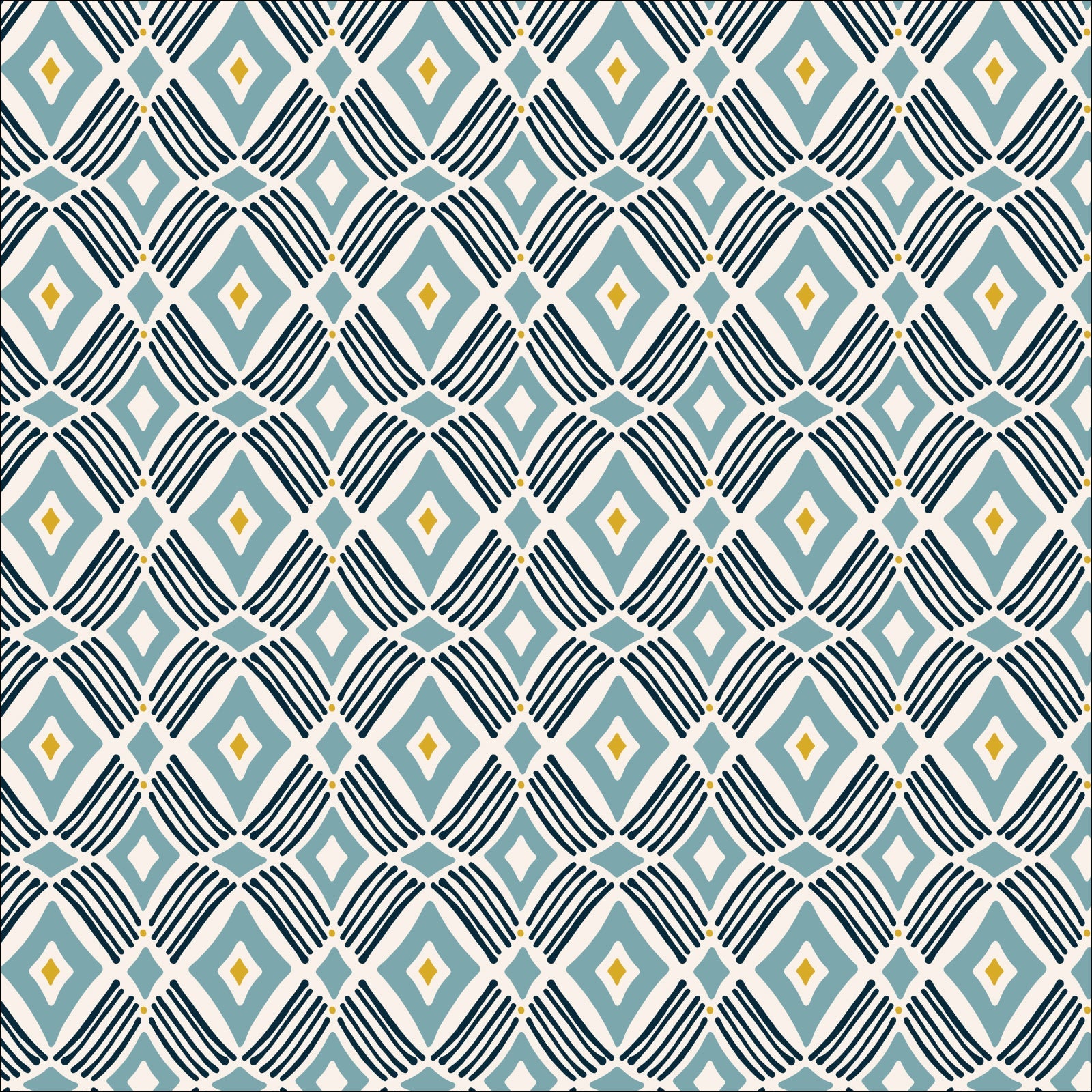 Tarak from the Flower Garden Fabric Collection by Hang Tight Studio for Cloud 9 Fabrics. Organic Quilting Cotton. Blue geometric diamond pattern.