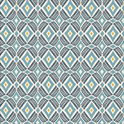 Tarak from the Flower Garden Fabric Collection by Hang Tight Studio for Cloud 9 Fabrics. Organic Quilting Cotton. Blue geometric diamond pattern.