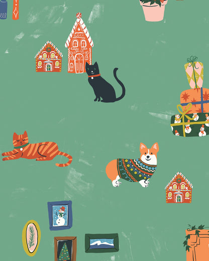 Christmas fabric in vintage colors, featuring a cat, dog in a sweater, wrapped presents, Christmas tree, and a piano.