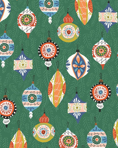 A fabric featuring a Christmas-themed pattern with vintage colors including red, green, gold, dusty pink, and blue, and decorative baubles of various shapes and colors.